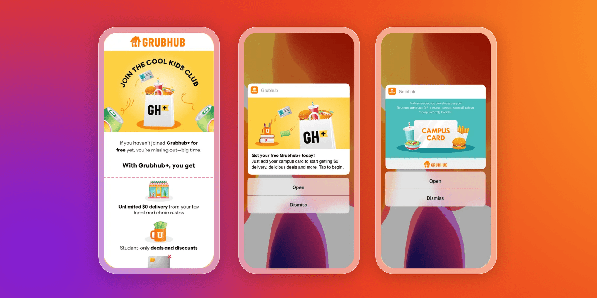 Three phone screens display Grubhub app promotions for students, highlighting Grubhub+ and Campus Card offers.