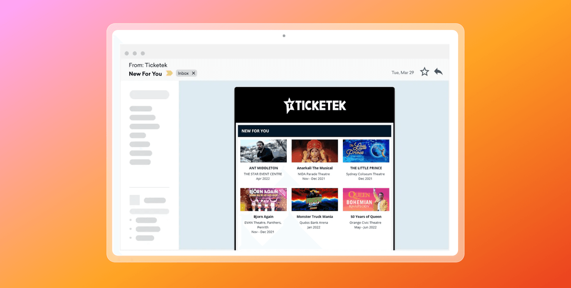 A laptop screen displaying a Ticketek "New For You" email with various event recommendations.