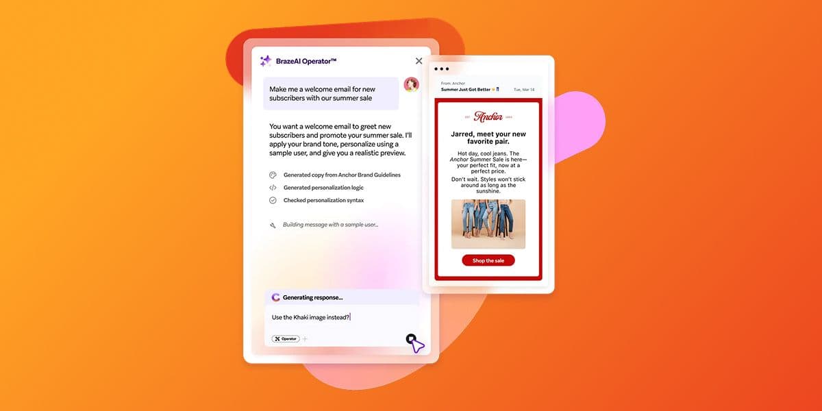 BrazeAI Operator generating a summer sale email, shown alongside a preview of the email featuring people in pants.