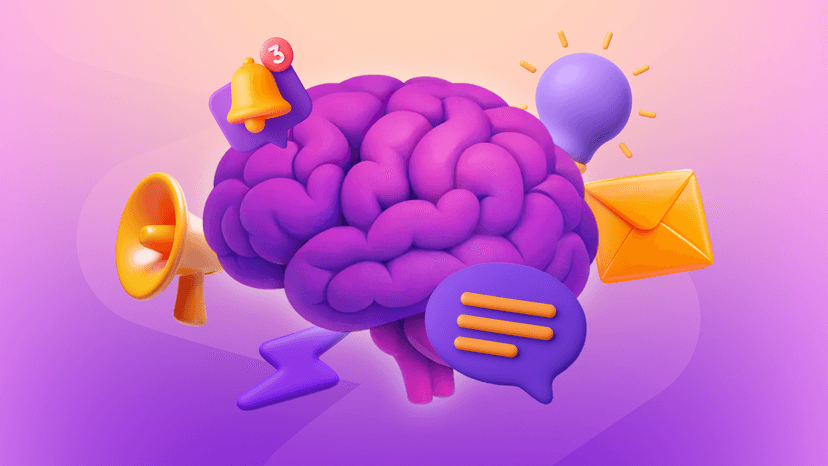 3D render of a purple brain surrounded by communication, idea, and notification icons.
