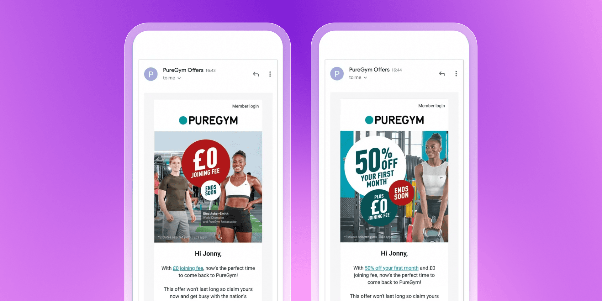 Two mobile phones displaying PureGym email offers for gym memberships, one with "£0 joining fee" and the other with "50% off first month + £0 joining fee".