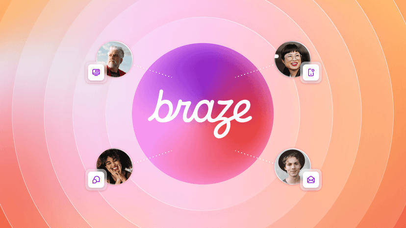 Braze logo surrounded by four diverse user profiles linked to communication icons.