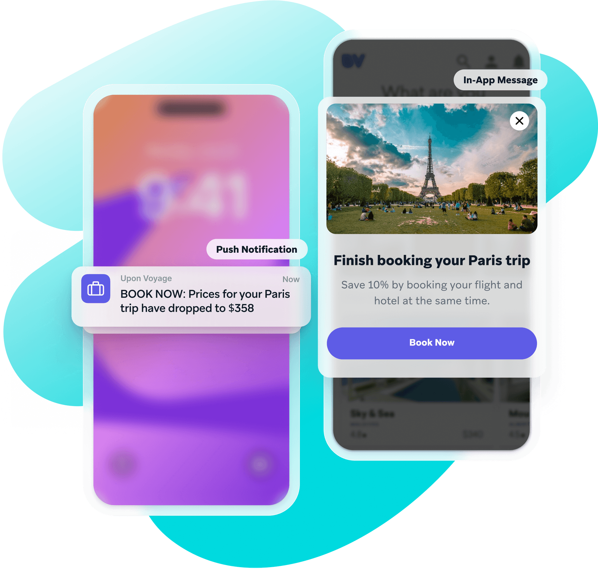 a phone with a notification that says finish booking your paris trip