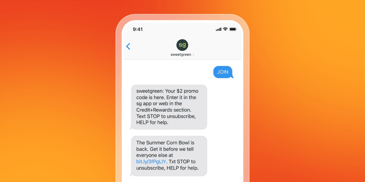 A smartphone screen displaying text messages from sweetgreen, including a $2 promo code and an announcement for the Summer Corn Bowl.