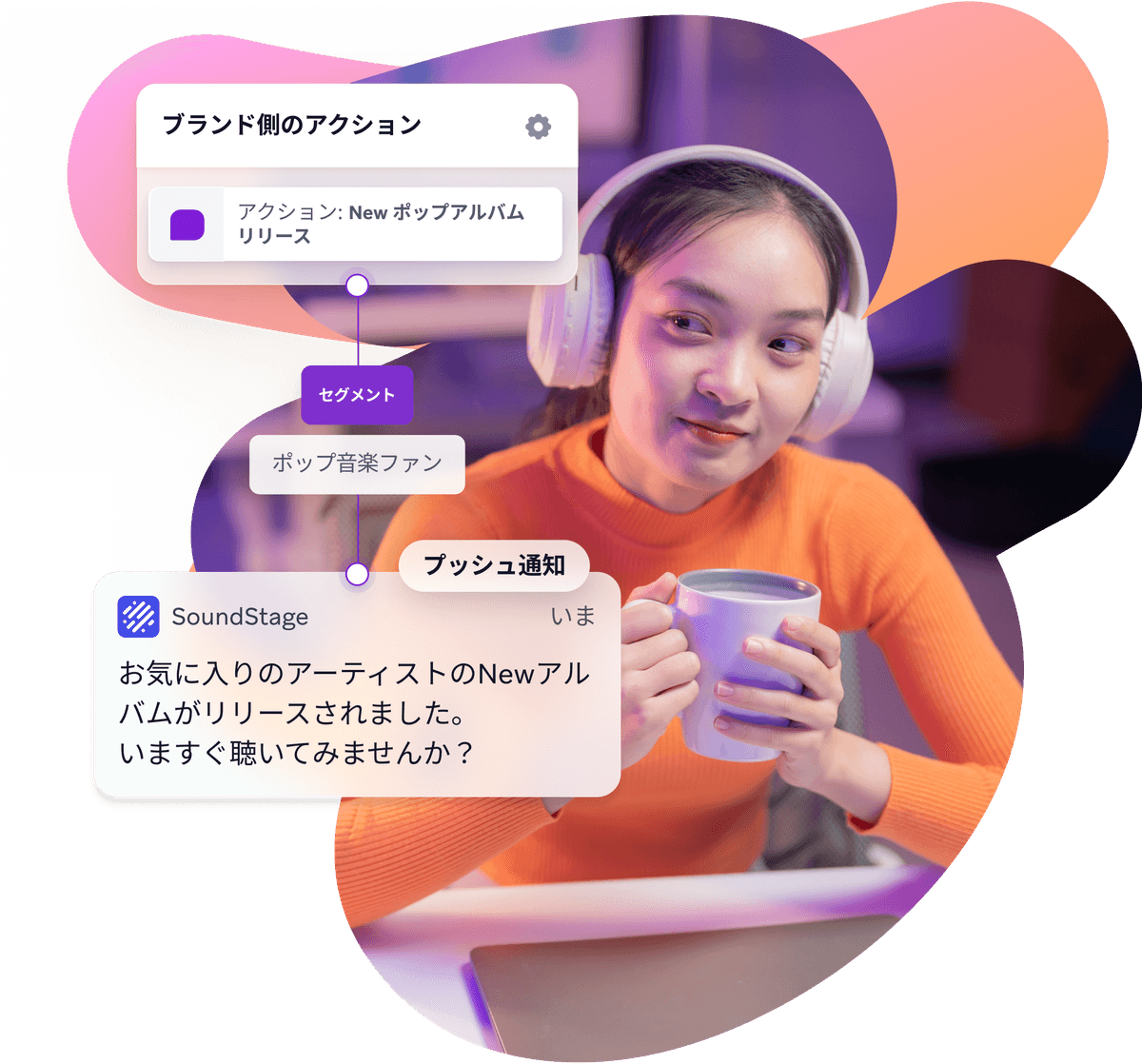 a woman wearing headphones is holding a cup of coffee