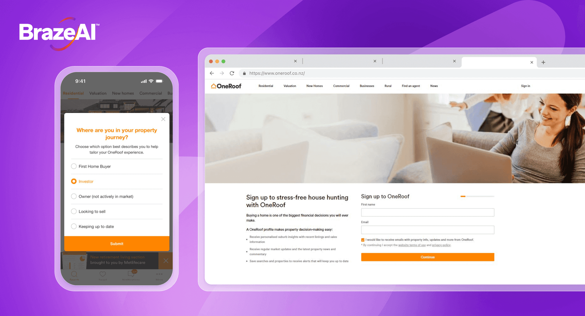 BrazeAI logo with mobile and desktop screens showing a personalized OneRoof property journey.