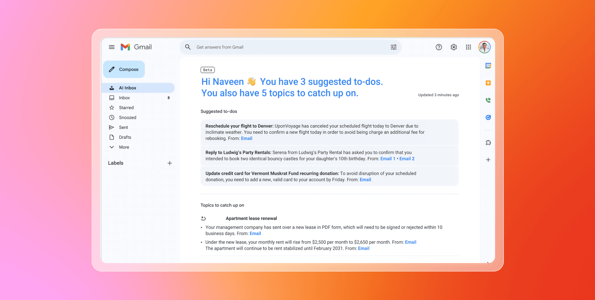 Gmail inbox displaying personalized suggested to-dos and topics to catch up on, against a pink and orange gradient background.