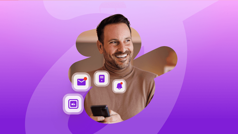 A smiling man holding a smartphone is surrounded by floating app notification icons against a purple background.