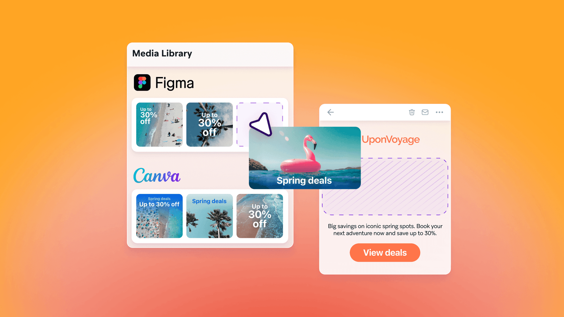 A cursor dragging a 'Spring deals' image of a pink flamingo float from a media library into a mobile app design.