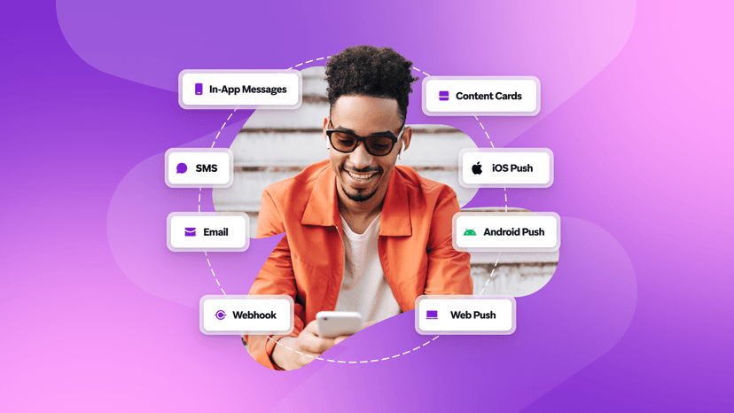 A smiling man looks at his phone, surrounded by labels for digital communication channels including In-App Messages, SMS, Email, and various Push Notifications.