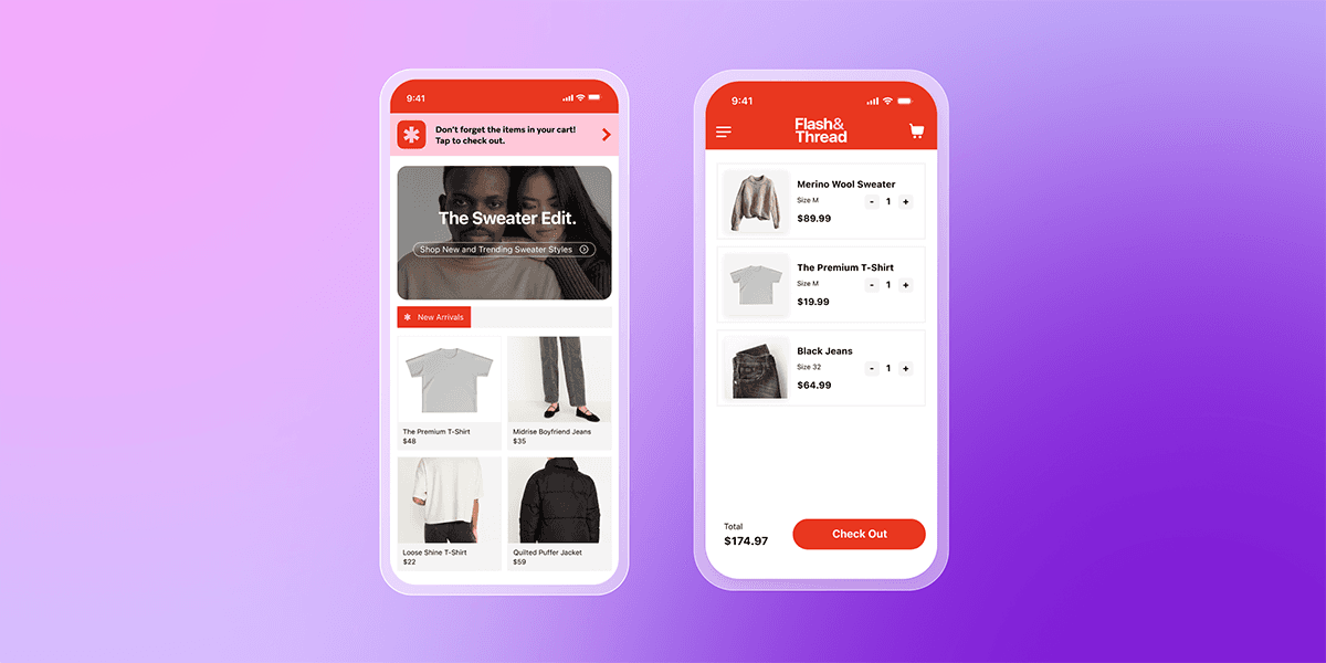 Two smartphone screens show a "Flash & Thread" e-commerce app, with one displaying a product feed and the other a shopping cart totaling $174.97.
