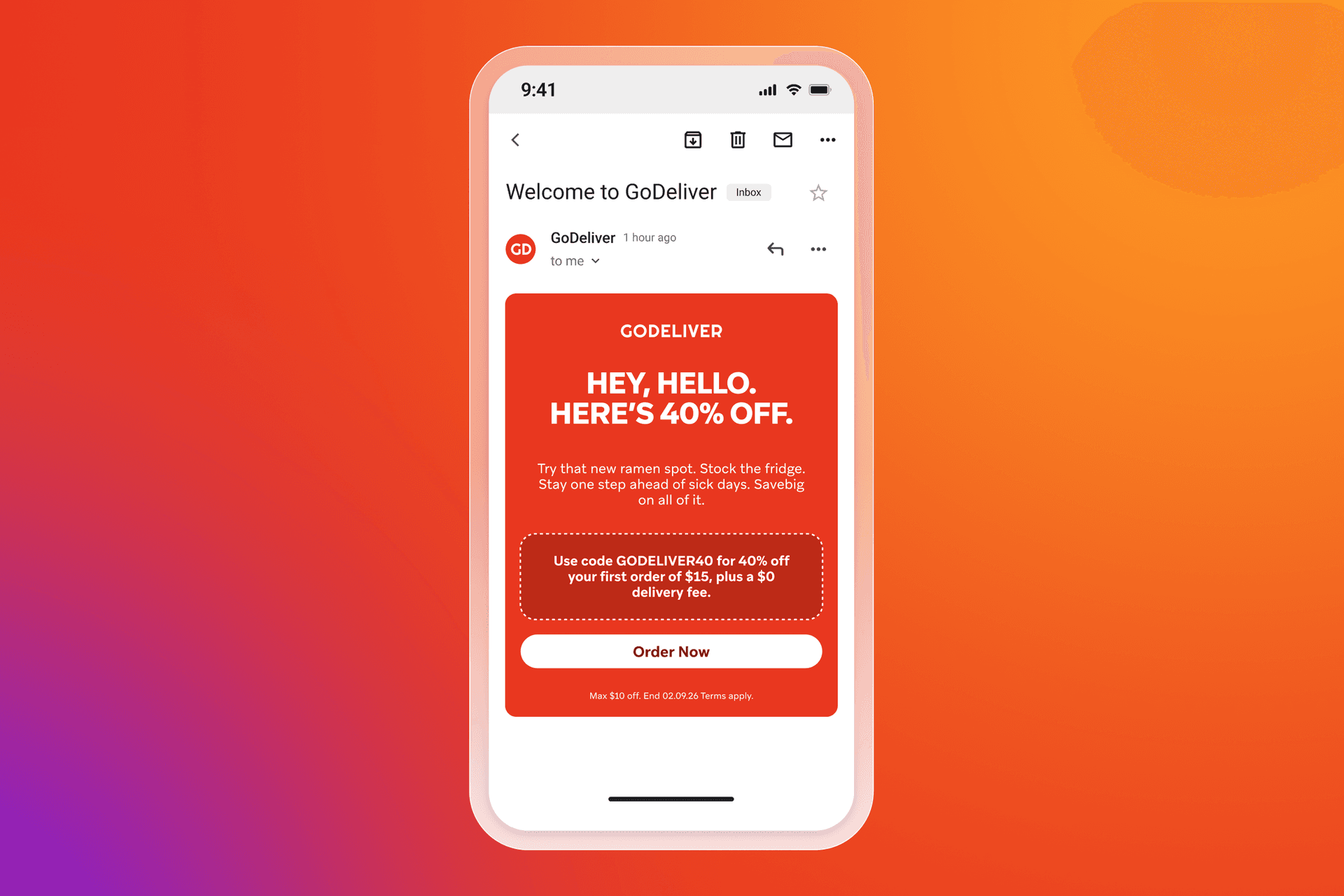 Smartphone displaying a GoDeliver email with a 40% off promotion and an "Order Now" button, on an orange gradient background.