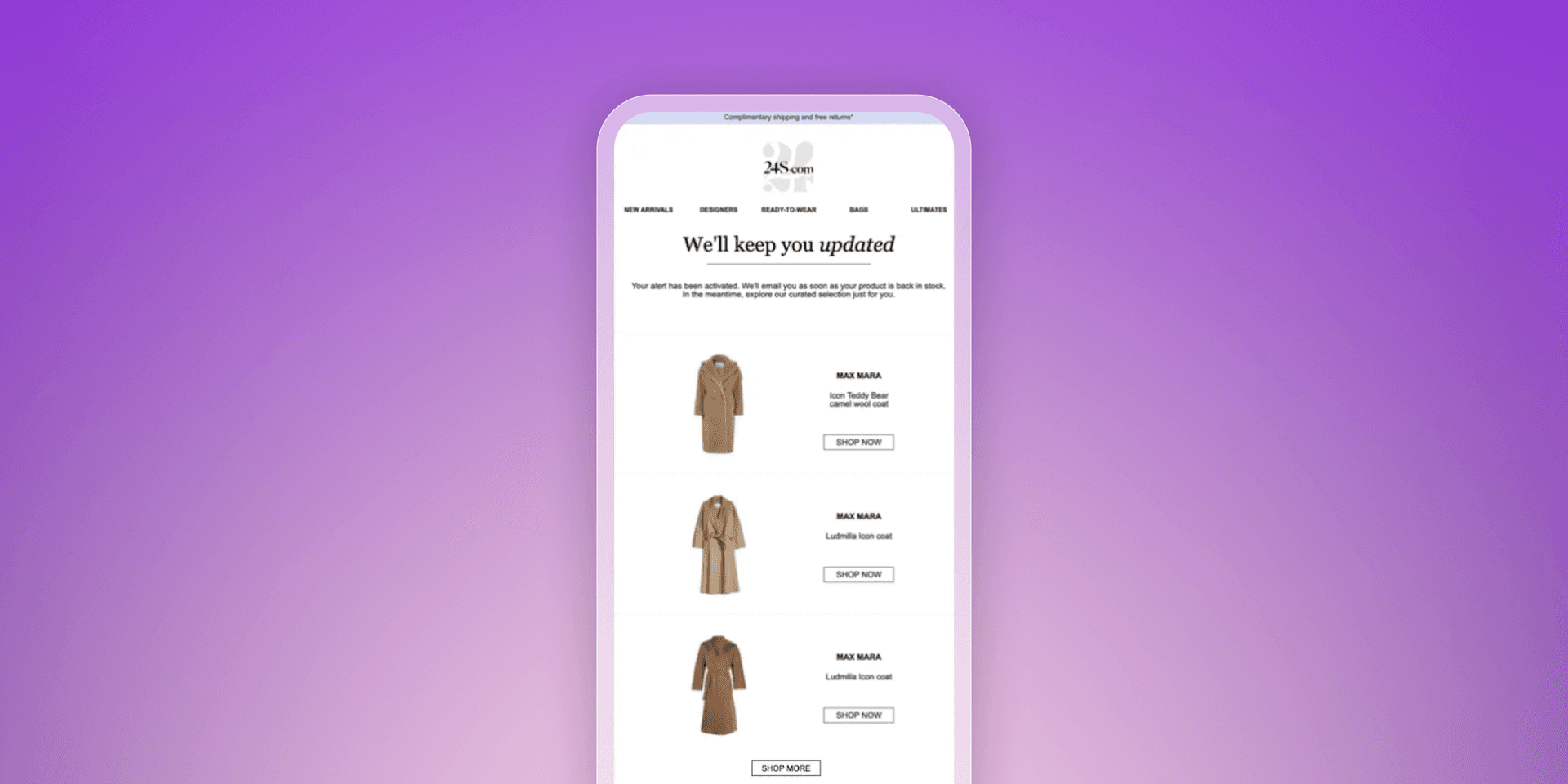 A mobile phone displaying an e-commerce page with a "We'll keep you updated" message and three coats.