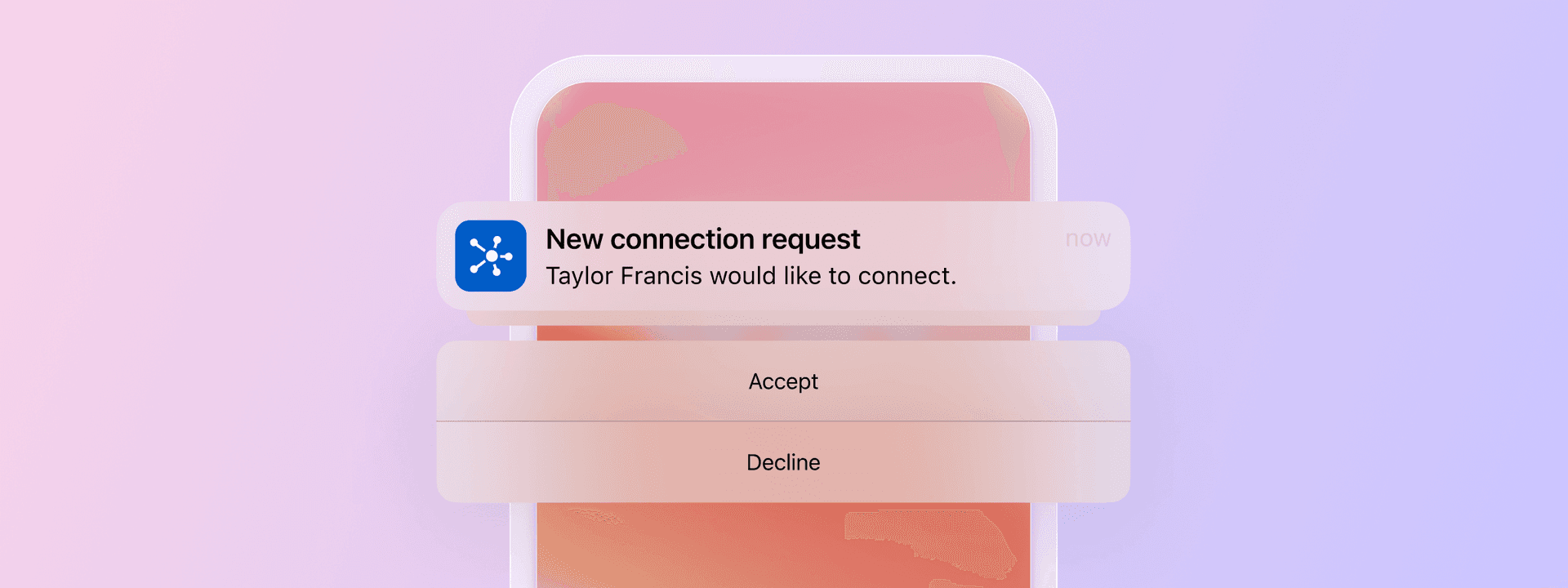 Smartphone screen showing a "New connection request" notification from Taylor Francis with "Accept" and "Decline" buttons.