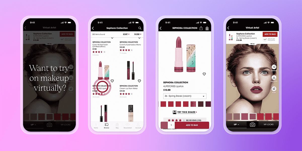 A sequence of four smartphone screens demonstrating the Sephora app's virtual makeup try-on, from selecting a lipstick shade to viewing it on a model's face.