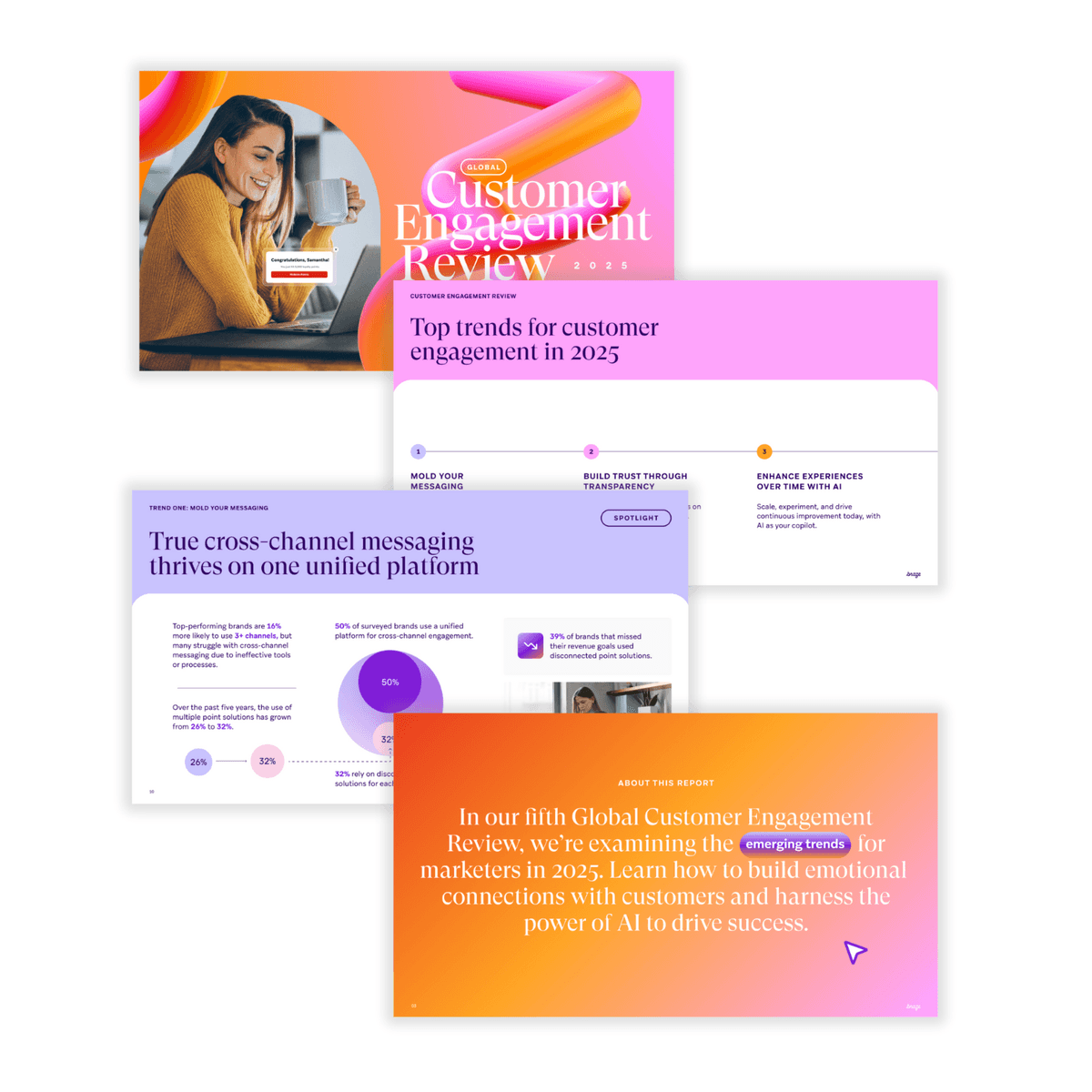 a brochure titled customer engagement review shows a woman using a laptop