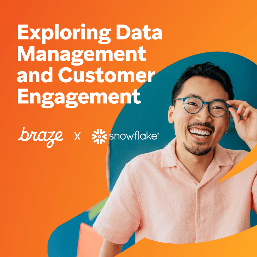 a man wearing glasses is smiling in front of an orange background that says " exploring data management and customer engagement "
