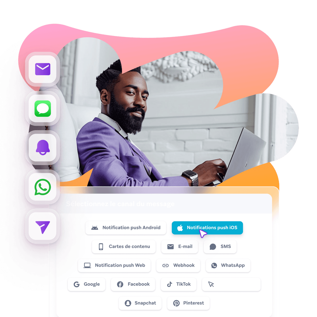 A man uses a laptop, surrounded by a menu and icons representing various communication and social media channels.