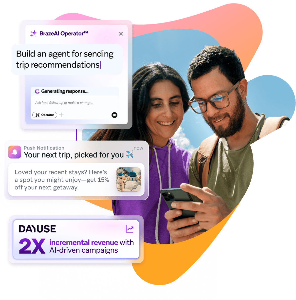 A smiling couple looks at a smartphone, surrounded by AI-powered marketing UI displaying trip recommendations, personalized notifications, and revenue growth.