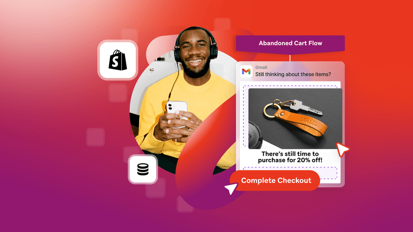 Illustration of an abandoned cart recovery flow: A smiling man sees a Gmail notification offering a 20% discount on a keychain from a Shopify cart.