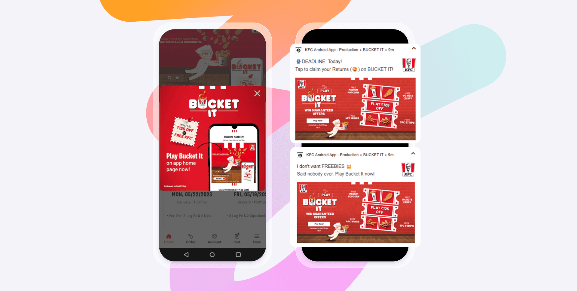 KFC's "Bucket It" game promoted on a smartphone app and through two social media posts, featuring a cartoon chicken and food items.
