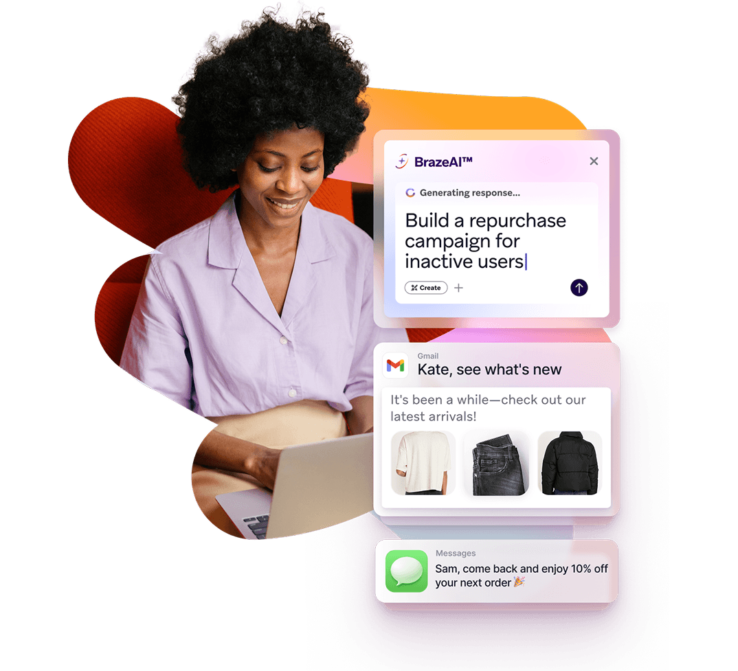 A woman on a laptop next to floating screens showing AI marketing campaign generation, personalized email offers, and discount messages.