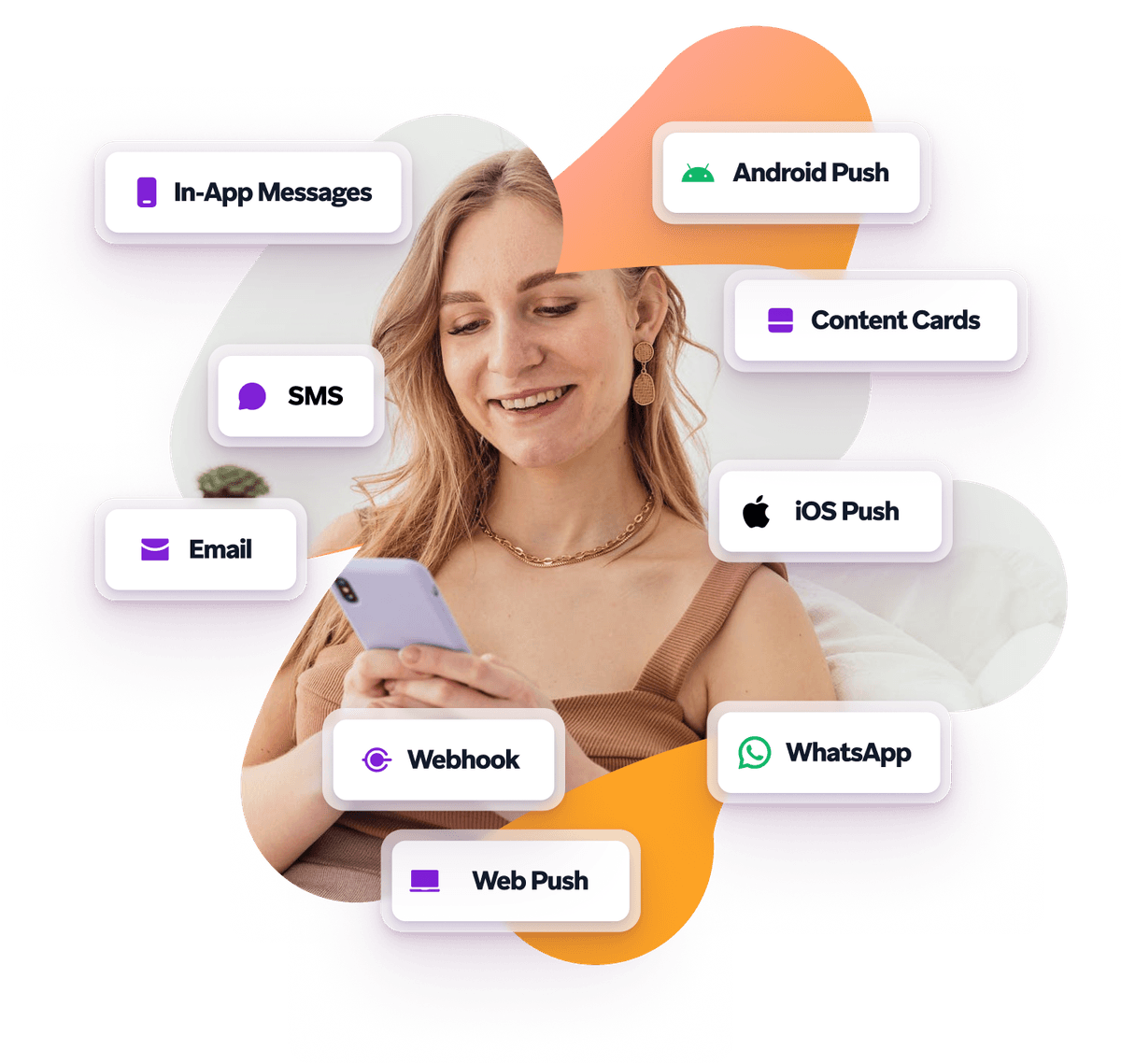 a woman is smiling while looking at her phone with icons around her including sms email webhook and whatsapp. Unified messaging across multiple channels