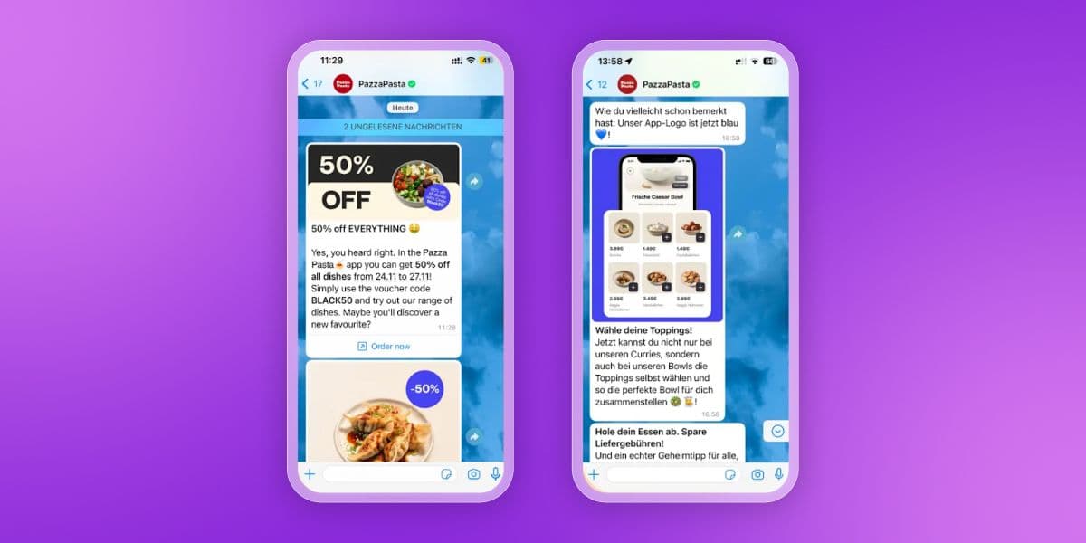 Two smartphones displaying a messaging app from 'PazzaPasta', one with a 50% off food promotion, the other showing a new feature for customizing food bowls.