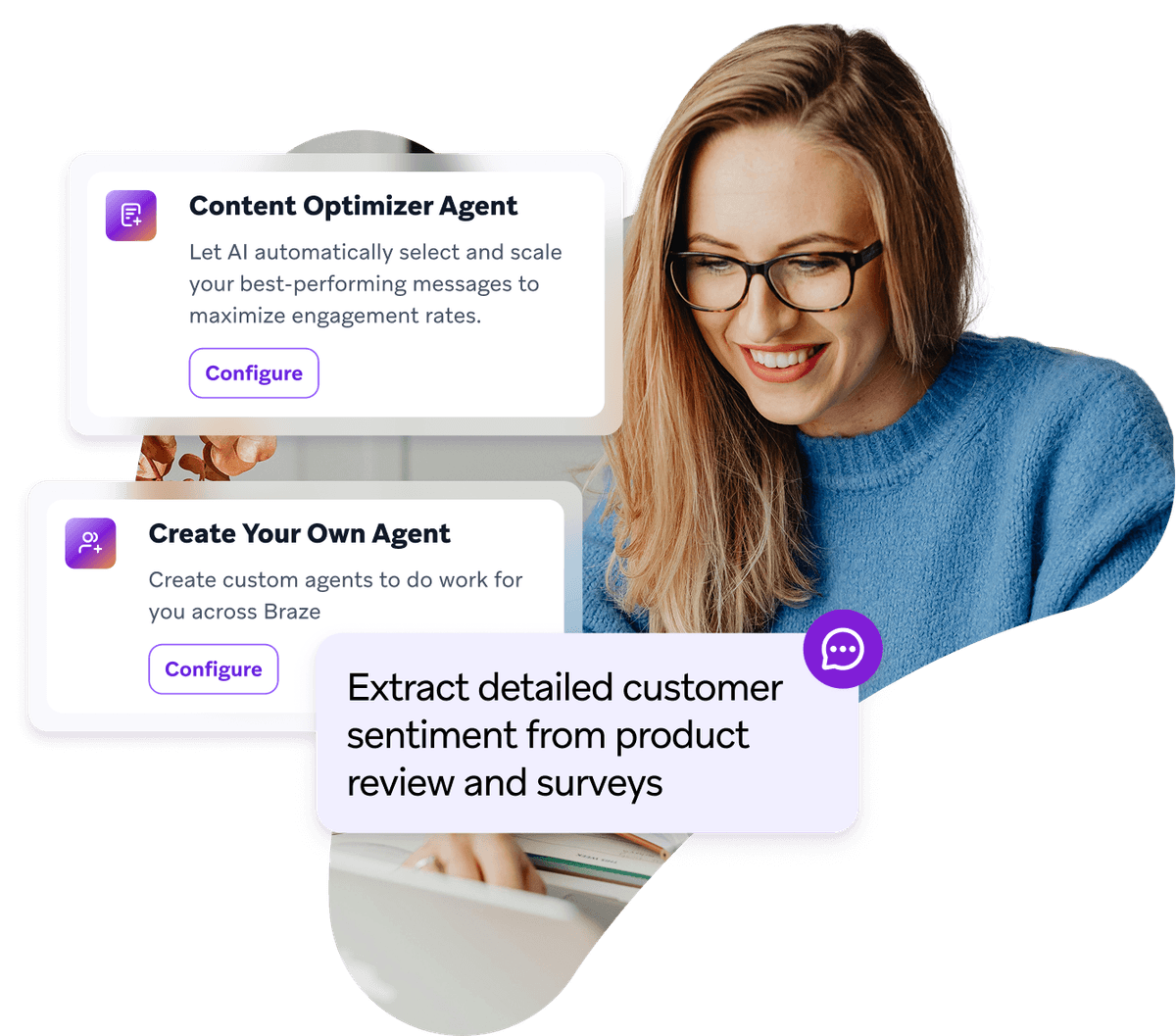 a woman is smiling while looking at a computer screen