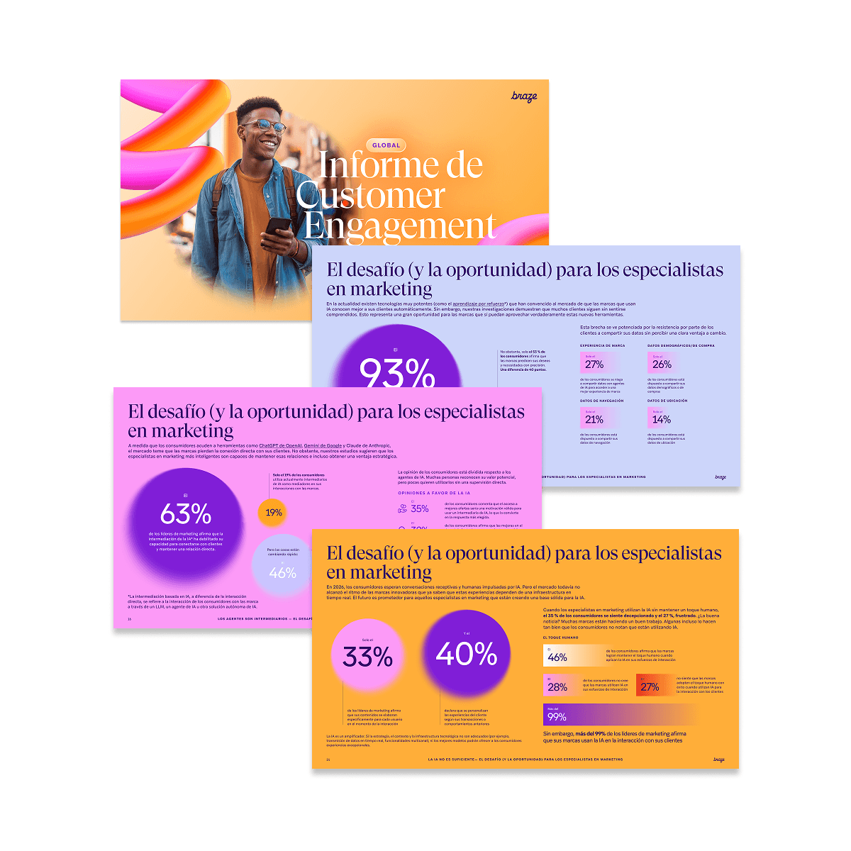 Several overlapping, colorful marketing report pages, including a cover titled "Customer Engagement Report" with a smiling man looking at his phone, and subsequent pages detailing marketing challenges and opportunities with large percentage data.