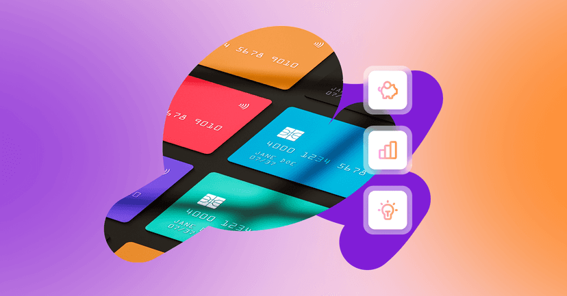 a bunch of credit cards on a purple background