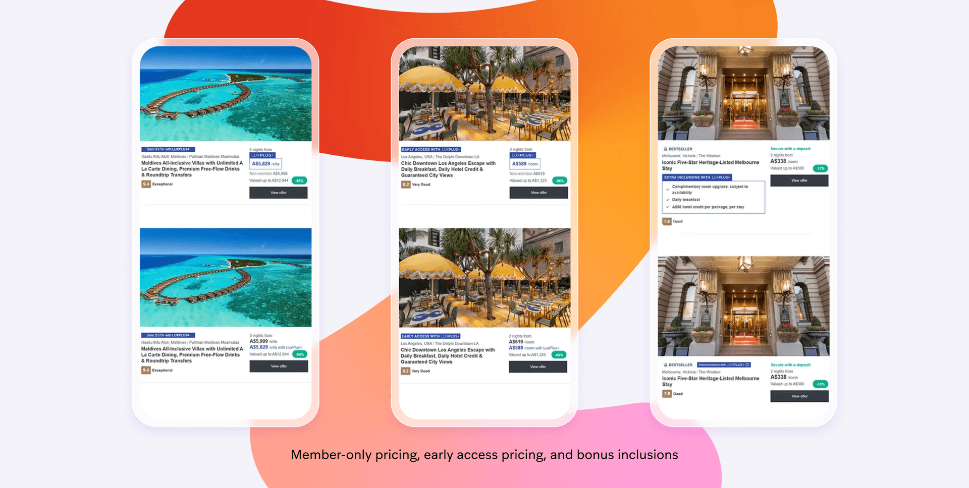 three cell phones showing different vacation packages and the words member only pricing early access pricing and bonus inclusions