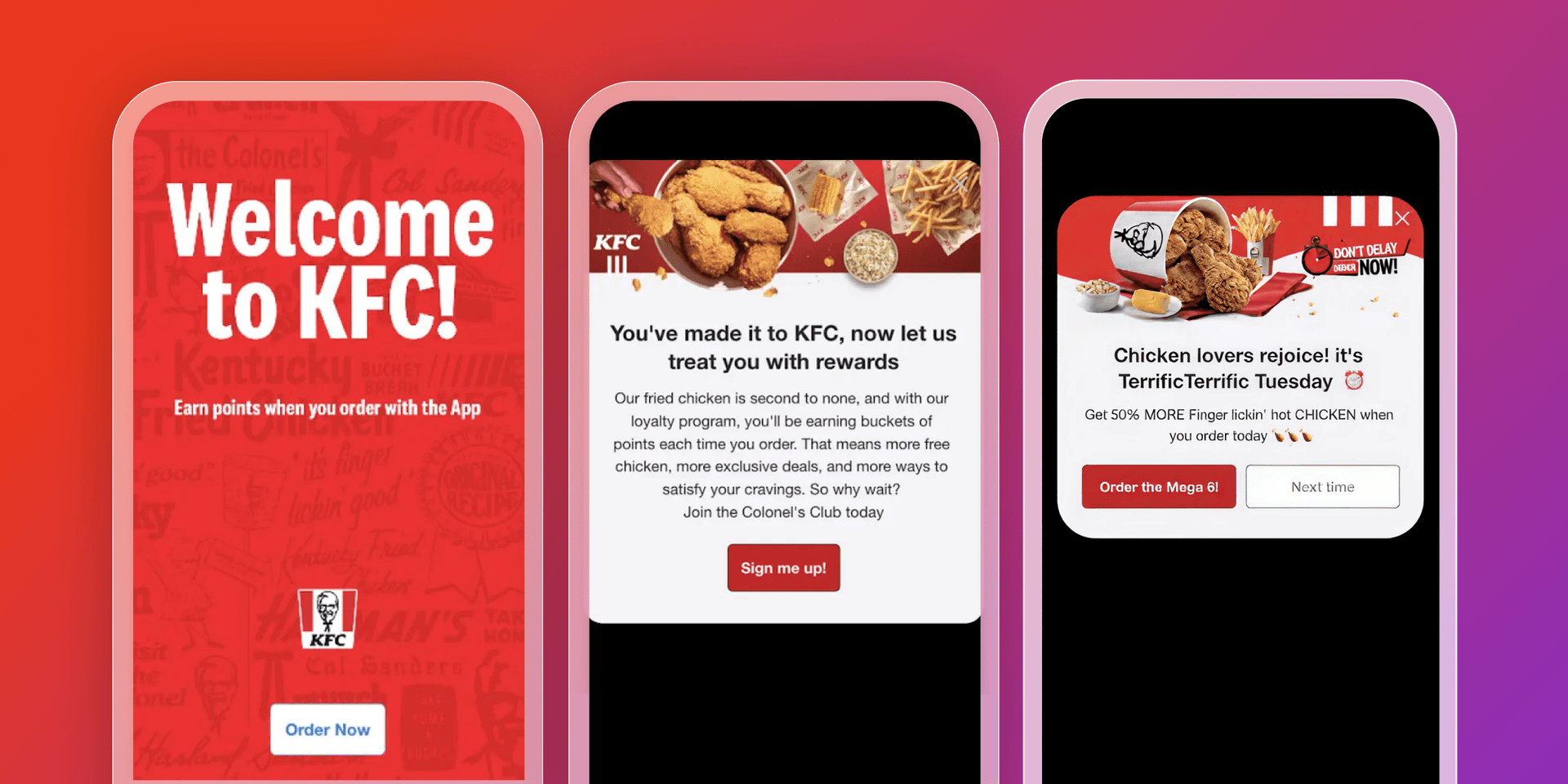 Three smartphone screens displaying welcome, rewards, and daily deal promotions from the KFC app.
