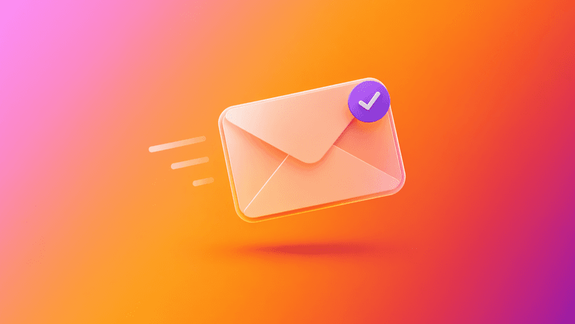 3D email envelope with a purple checkmark and sending lines.