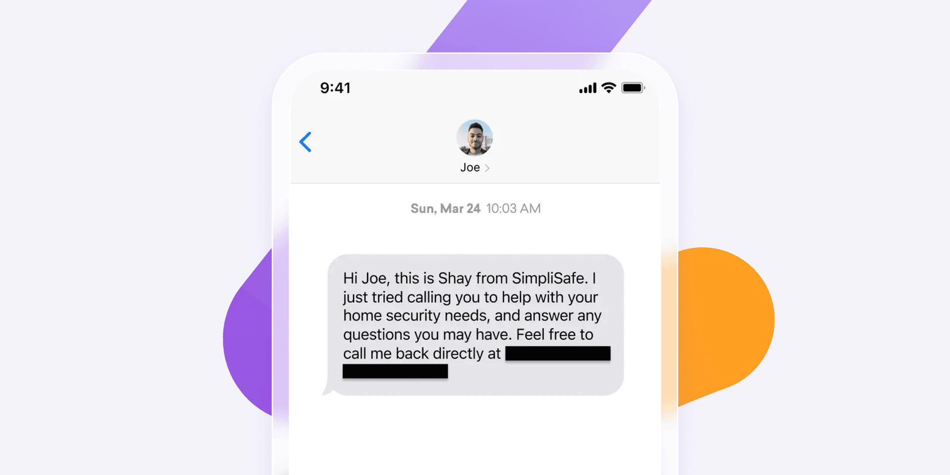 A smartphone screen shows a text message from SimpliSafe offering help with home security.