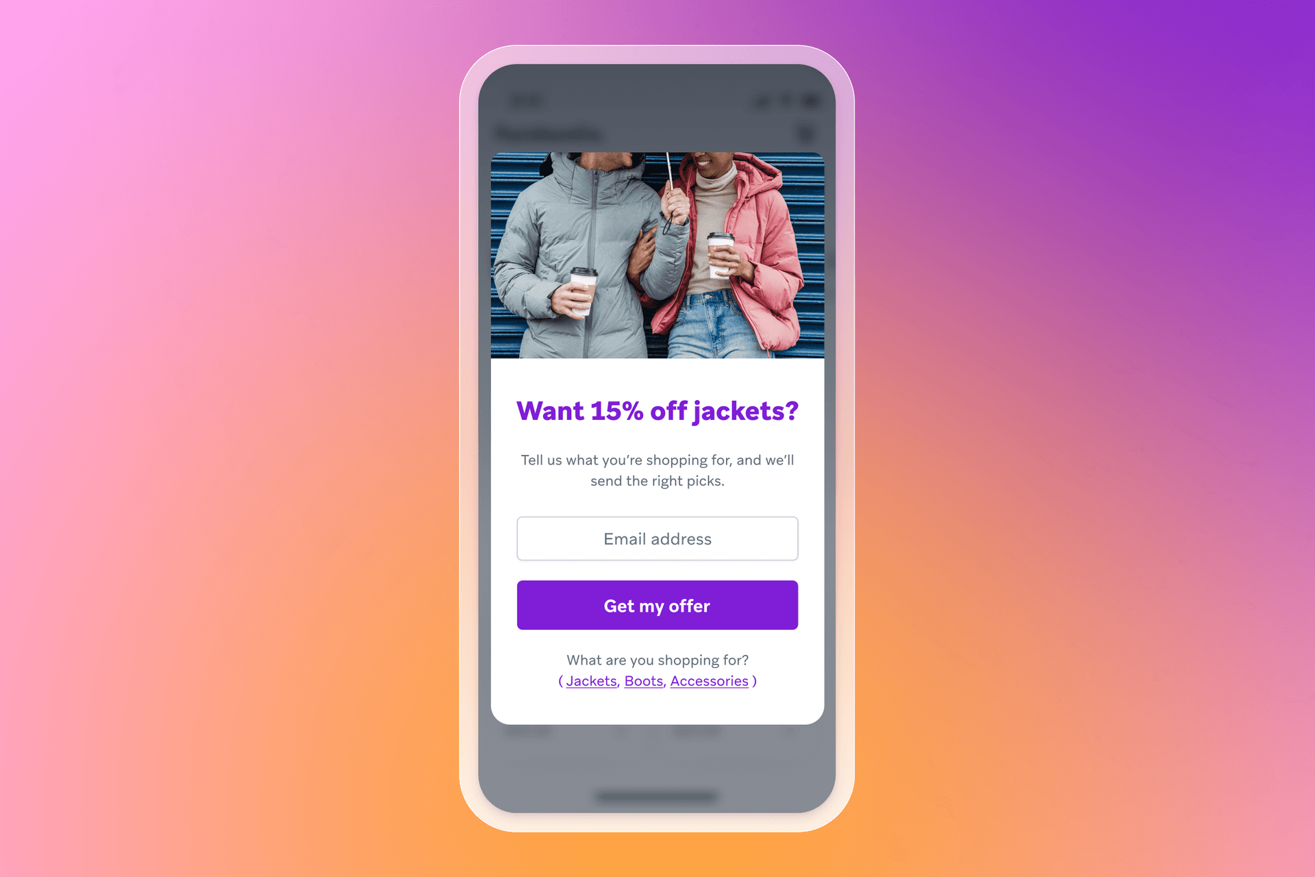 A smartphone displays a pop-up ad offering 15% off jackets, featuring an image of two people in winter coats.