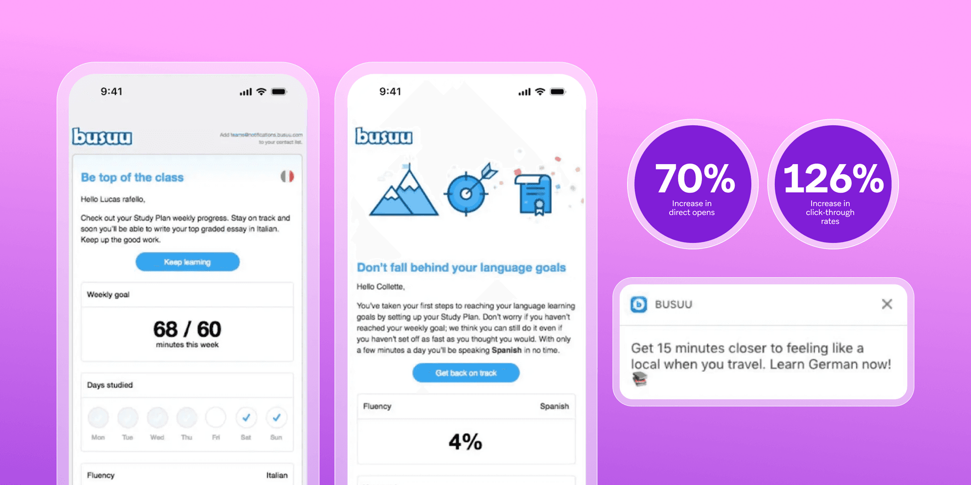 a busuu app is shown on a pink background