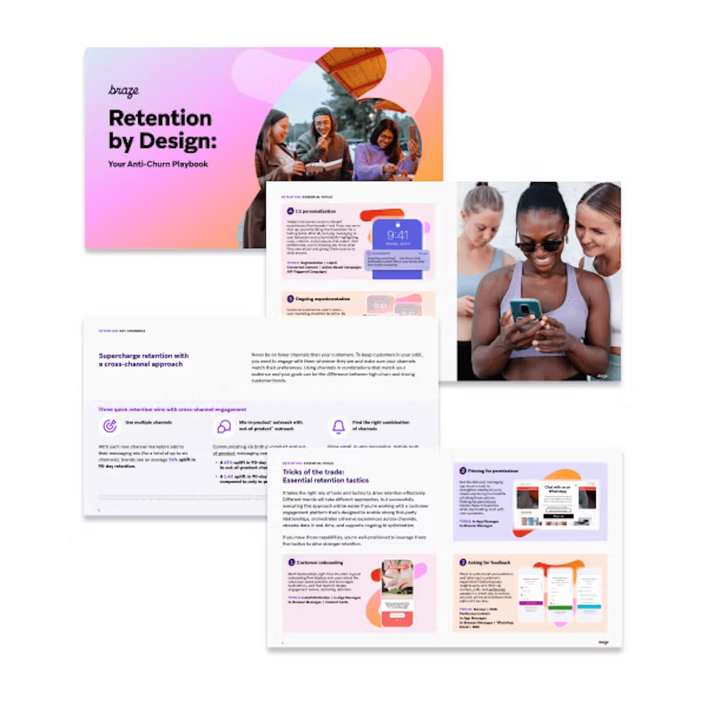 a brochure titled retention by design shows a woman looking at her phone