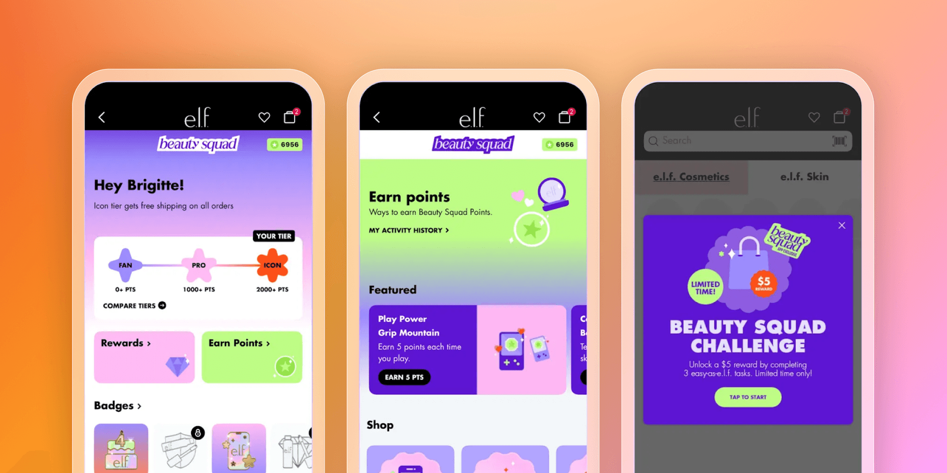 Three mobile phone screens show the elf Beauty Squad loyalty app interface with details on earning points, rewards, and a challenge.
