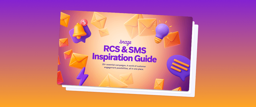 Digital document titled "Braze RCS & SMS Inspiration Guide" surrounded by 3D icons of envelopes, a bell, a lightbulb, and a chat bubble.