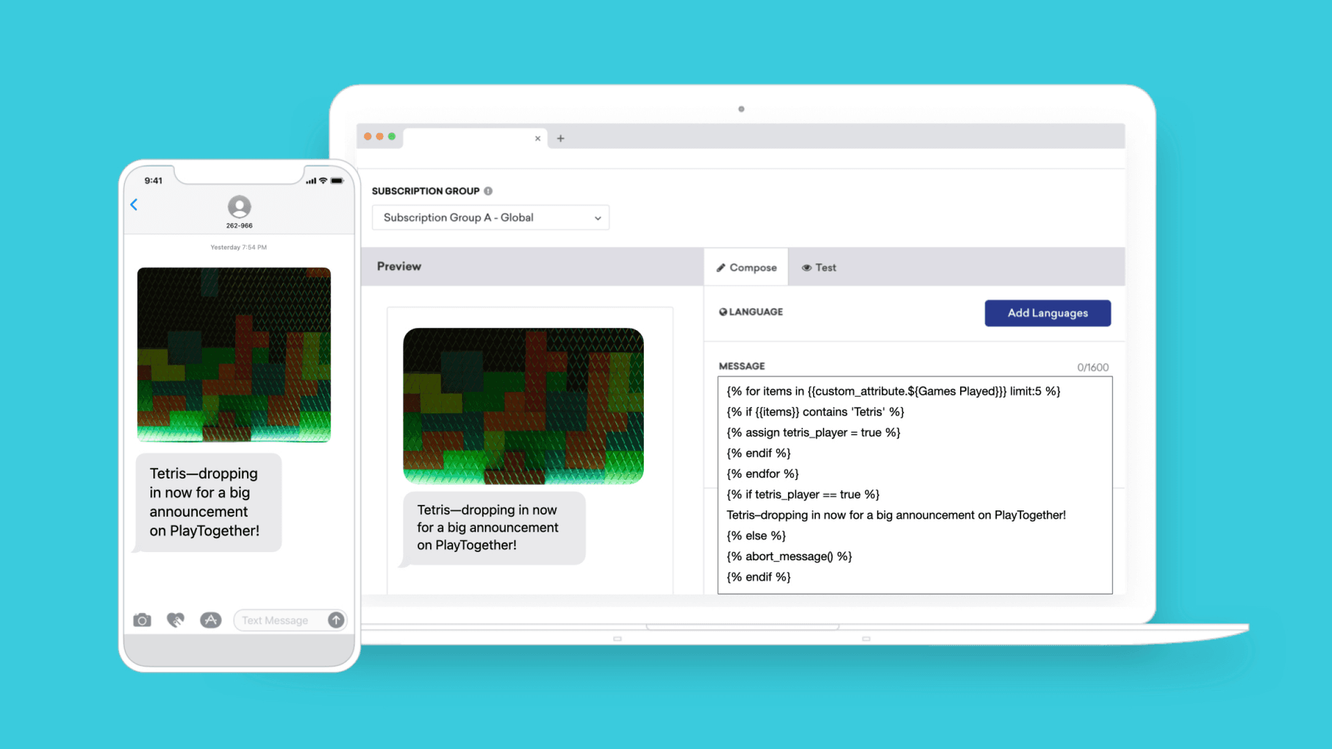 a phone and a laptop display a tetris message