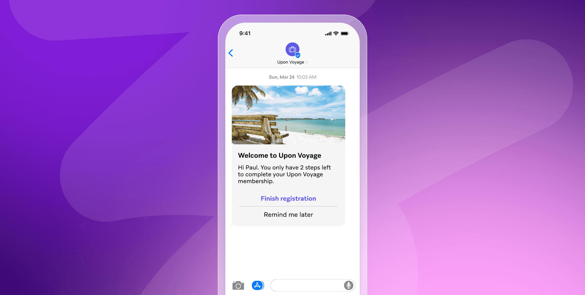 a phone screen shows a message from upon voyage