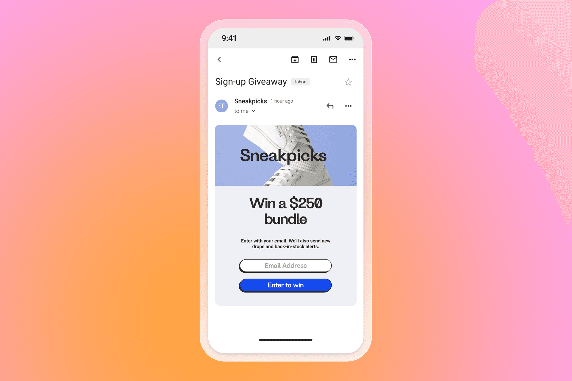 Smartphone displaying an email from Sneakpicks for a $250 bundle giveaway with an email signup form.