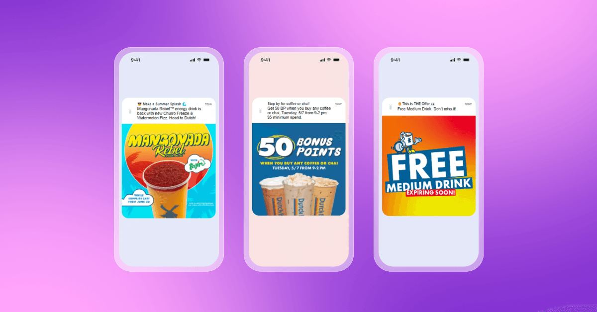 three cell phones with advertisements for a free medium drink