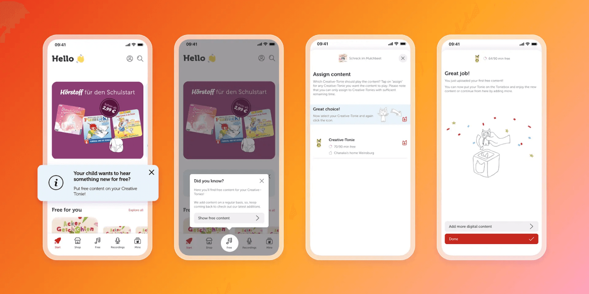 Four smartphone screens demonstrating an app's user flow for assigning digital content to a Creative Tonie.