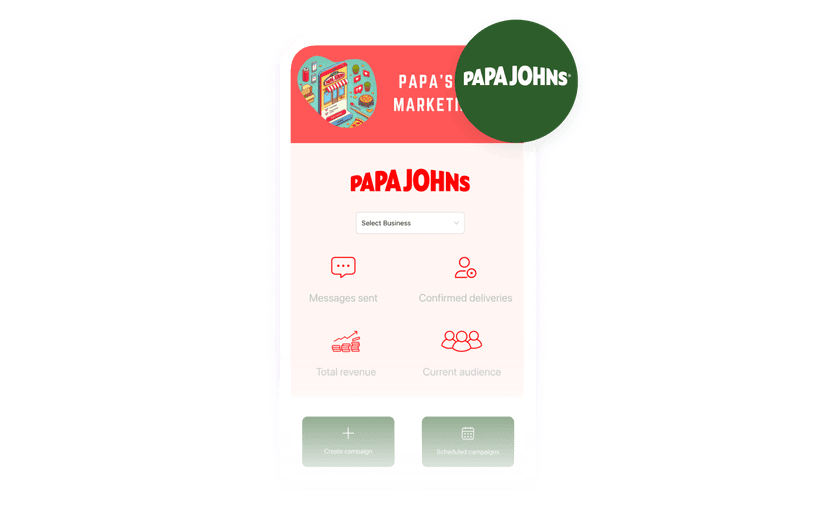 A smartphone displays a Papa Johns marketing app with business metrics and campaign options.