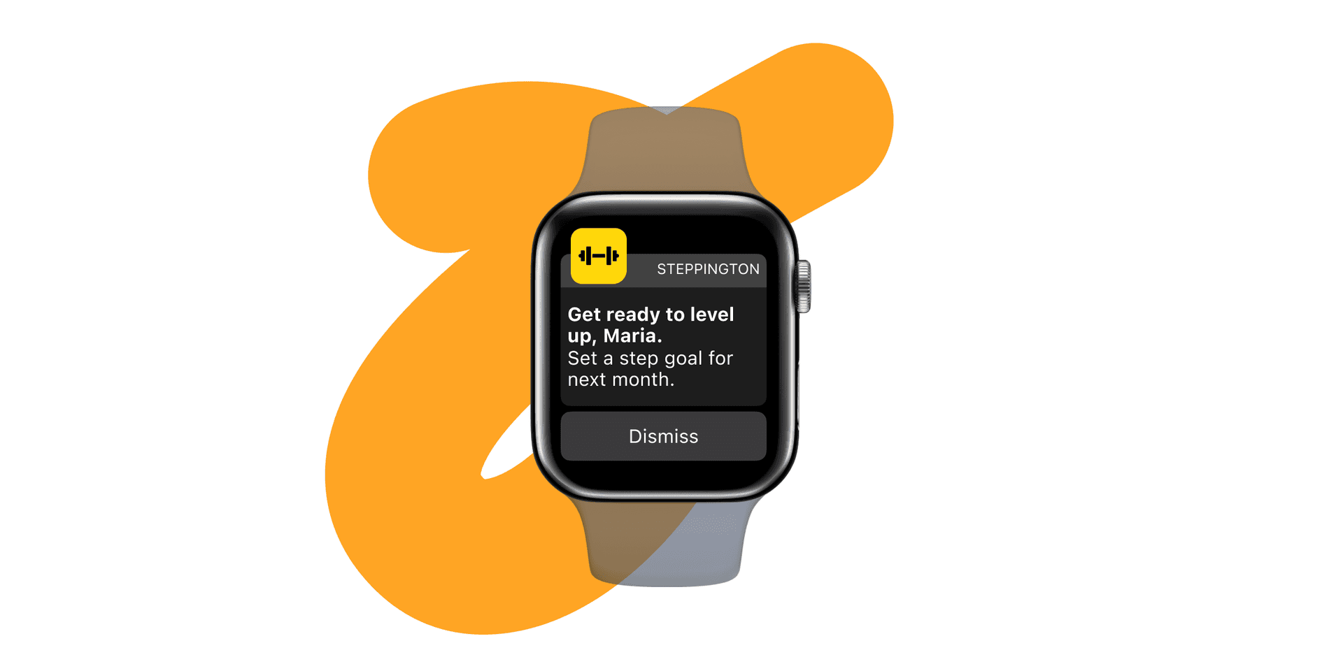 Apple Watch displaying a Steppington app notification about setting a step goal.