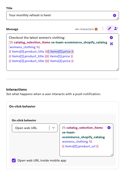 Push notification composer with a catalog selection pulling in three items with a product tag.