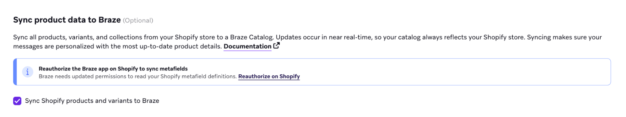 Banner saying to reauthorize the Braze Shopify app.