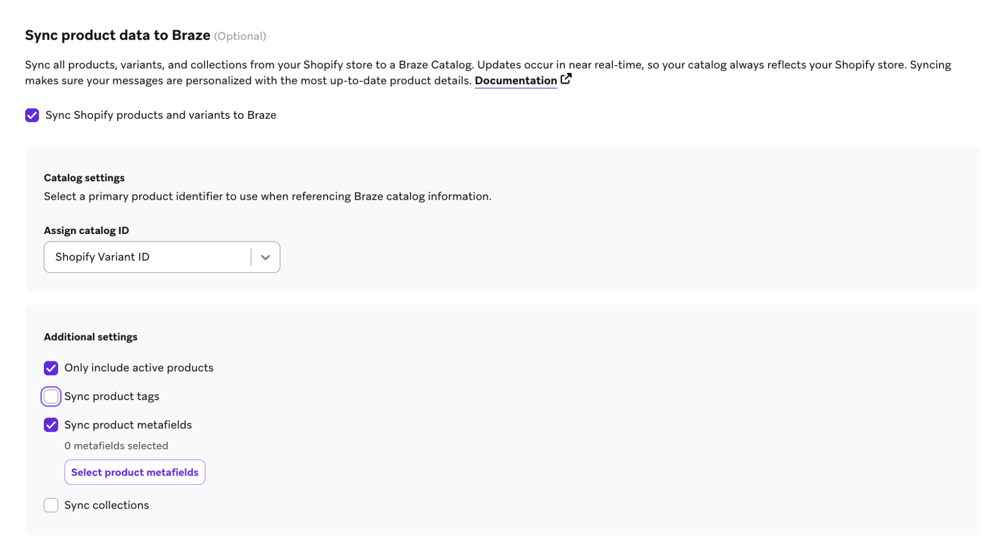 Sync product data to Braze section with options to select from multiple settings, including collections.